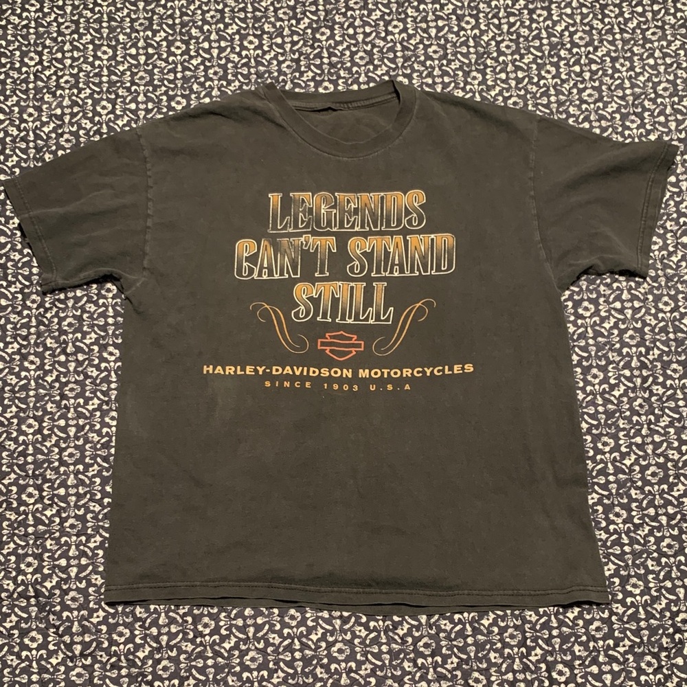 Harley-Davidson Black Tee with Gold 'Legends Can't Stand Still' Graphic